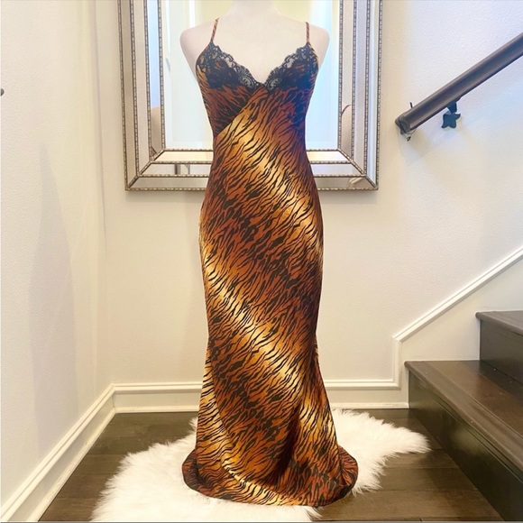 🌺SOLD🌺 Victoria’s Secret Silky Satin Tiger Print Vintage Maxi Gown Slip Dress - Picture 1 of 10